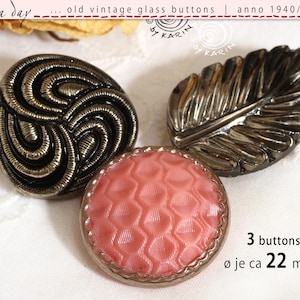 3 pomos de cristal grandes de estilo vintage de 1950/60 - varios diseños elegantes en rosa, negro y plata - aprox. 22 mm de diámetro cada uno - N.º 2753