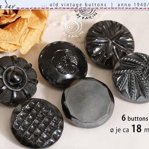 6 gałek szklanych vintage z lat 1950/60 - różne wzory - zestaw z czarnego metalu - średnica każda ok. 18 mm - nr 2560