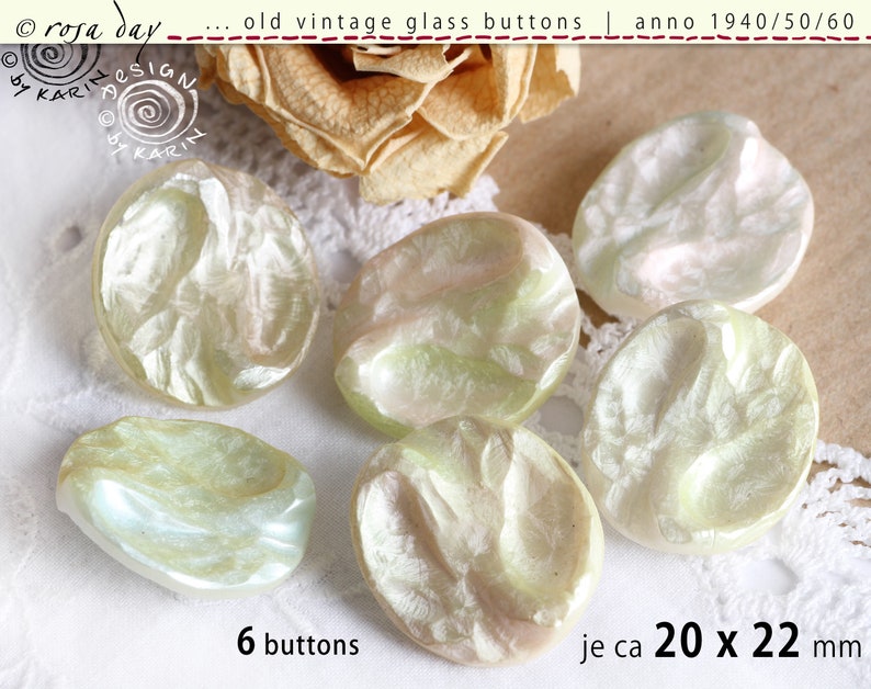 6 botones de cristal antiguos y sofisticados de los años 1950/60 cristal blanco, gran forma de pliegue en color pastel ø cada uno aprox. imagen 1
