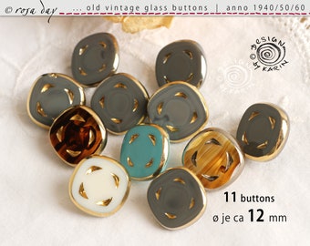 11 anciens petits boutons en verre vintage des années 1950/60 - même design en différentes couleurs - délicatement décorés en or - ø chacun environ 12 mm - N° X-4862