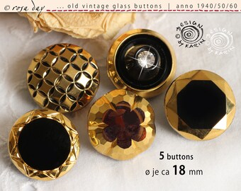 5 anciens et beaux boutons en verre vintage des années 1950/60 - différents motifs en noir et or - chacun ø environ 18 mm - N° X-4839