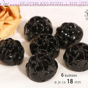 6 alte schöne Vintage-Glasknöpfe anno 1950/60 - gleiches Design - schwarz glänzendes opakes Glas - ø je ca 18mm - Nr 2769