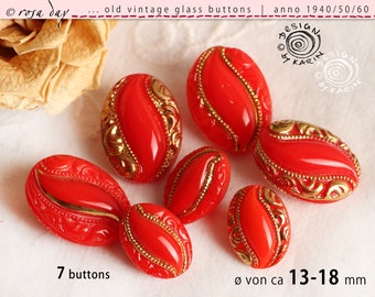 7 alte ovale vintage Glasknöpfe anno 1950/60 - gleiches Design in rot golden - ø von ca 13-18 mm - Nr X-4810