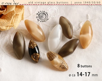 8 anciens et beaux boutons en verre vintage des années 1950/60 - forme ovale mince, différentes couleurs, en partie dorés à la main - ø environ 14 + 17 mm - N° X-4853