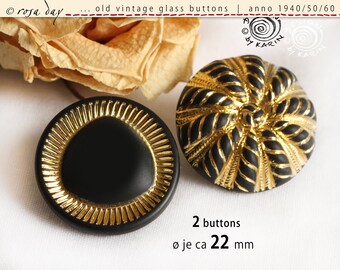 2 large old vintage glass buttons from 1950/60 - various beautiful designs in black + gold - each ø approx. 22 mm - No. X-4374