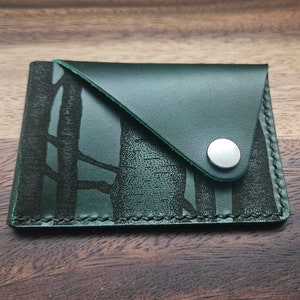 Forest Green Leather Card Holder - Handmade - Engraved with original 'trees' artwork