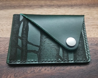Forest Green Leather Card Holder - Handmade - Engraved with original 'trees' artwork