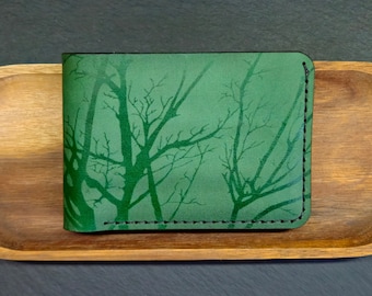 Handmade Forest Green Leather Wallet: Tree Design, Full Grain