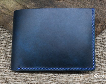 Handmade Blue Leather Bi-Fold Wallet: Personalized Veg Tan