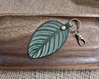 Calathea Ornata Leaf Leather Keychain: Personalized Plant Lover Gift