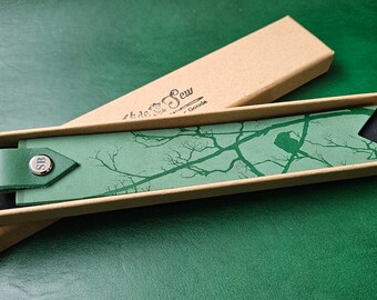 Handmade Forest Green Leather Bookmark – Personalised & Laser Engraved with Tree Illustration