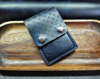 Handmade Blue Leather Card Holder: Flower of Life Engraved Wallet