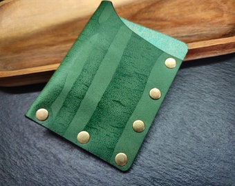 Handmade Forest Green Leather Card Holder: Engraved Tree Design