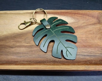 Monstera Leaf Leather Keyring: Forest Green, Handmade