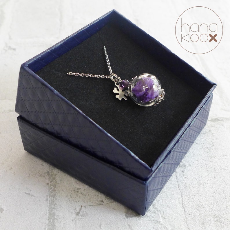 Real Purple flower glass ball necklace-stainless Steel