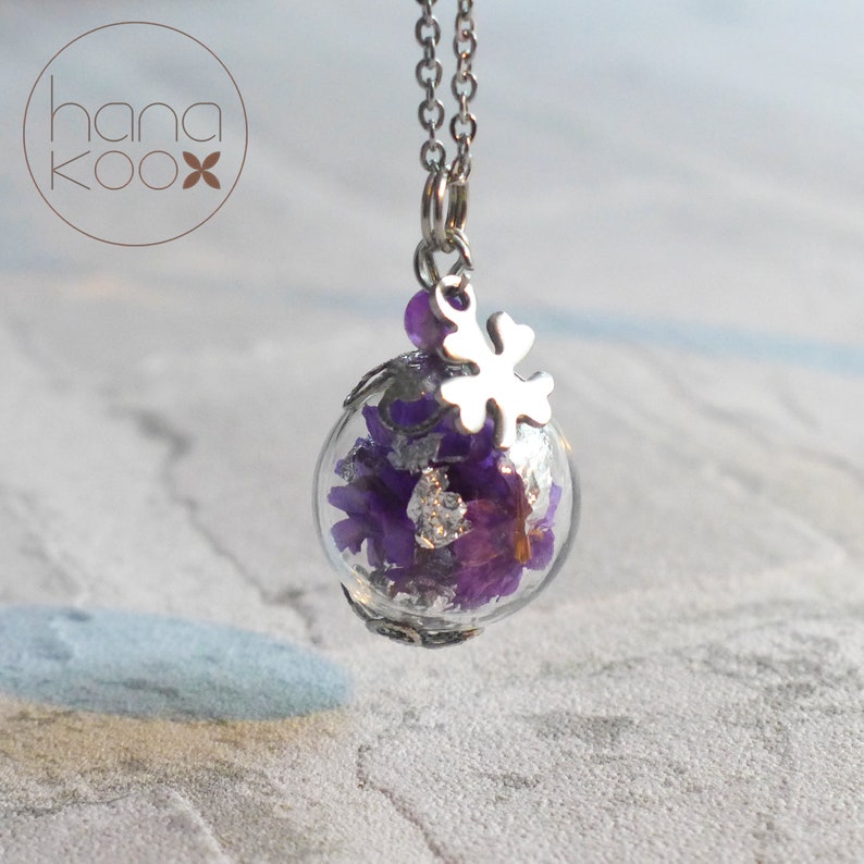 Real Purple flower glass ball necklace-stainless Steel