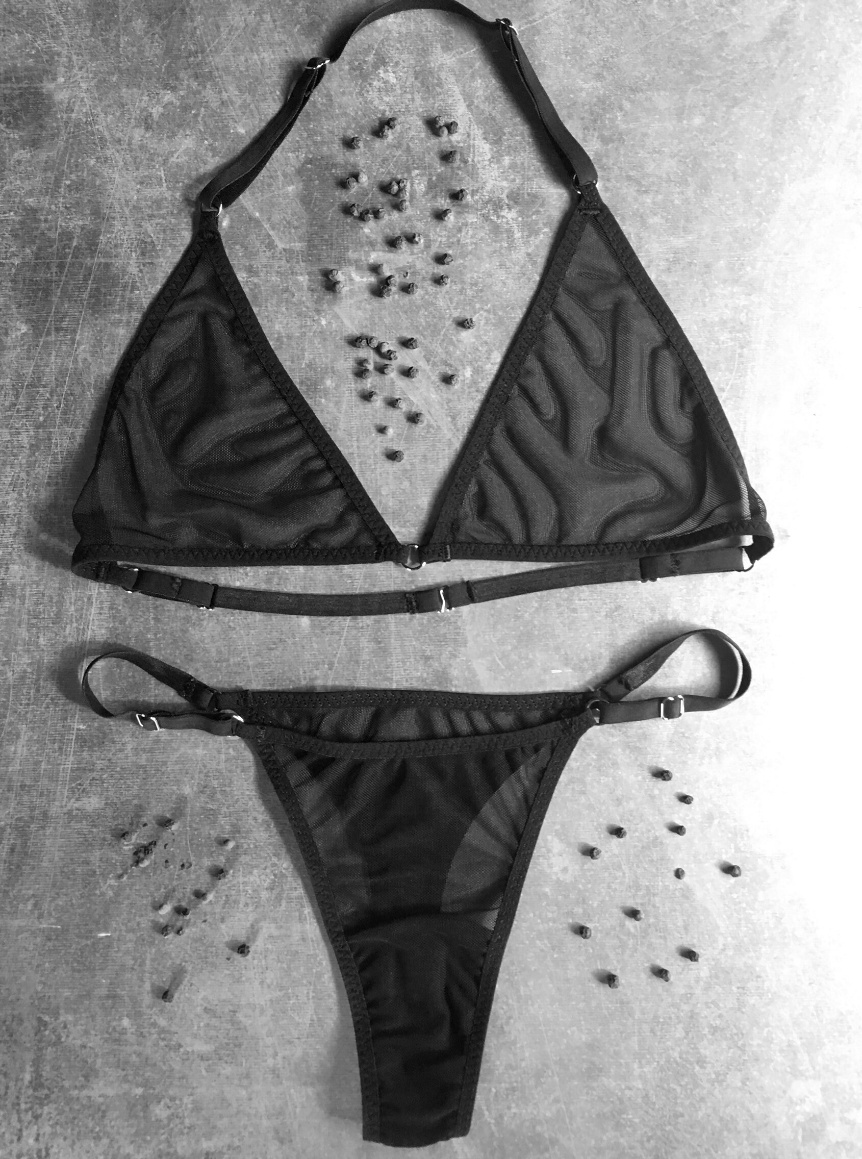 Set of Black Pepper Mesh Triangle Halter Bra and Adjustable Etsy