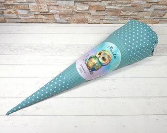 School cone made of old green fabric with the name Owl Sugar cone 70 cm or 85 cm mint