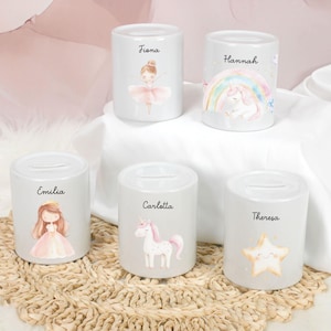 Personalisierte Kinder Spardose Prinzessin und Ballerina Namen Geschenk Geburt Taufe Taufgeschenk Baby Geschenk Geldgeschenk Sparbüchse