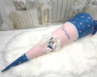 Schultüte aus Stoff mit Pferd in rosa und blau Zuckertüte 70cm, 85cm oder 100cm