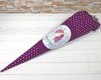 School cone made of purple fabric with the name unicorn sugar cone 70 cm or 85 cm