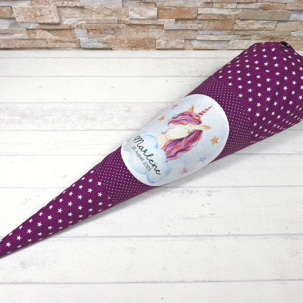School cone made of purple fabric with the name unicorn sugar cone 70 cm or 85 cm