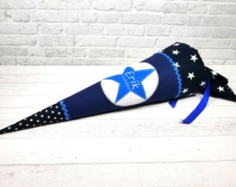 School cone made of fabric star blue with name 70 cm or 85 cm