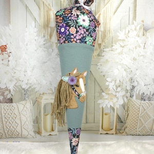 Schultüte Pferd aus Stoff Stoff in altgrün mit Blumenmuster Mädchen 70cm oder 85cm