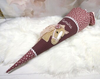 School cone made of waffle fabric in mauve berry old pink horse with name 70 cm