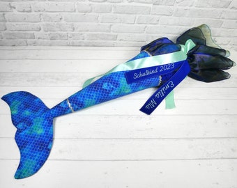 Schultüte Meerjungfrau blau aus Stoff Zuckertüte 70cm oder 85cm mit Flosse und Namen personalisiert