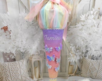 Holographic butterfly rainbow gradient fabric school cone with personalized name
