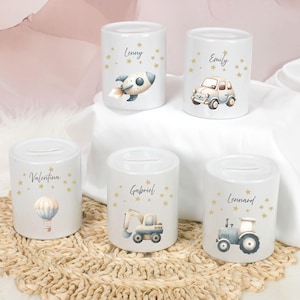 Personalisierte Kinder Spardose mit Namen Geschenk Geburt Taufe Taufgeschenk Baby Geschenk Geldgeschenk Sparbüchse Bagger Polizei Traktor