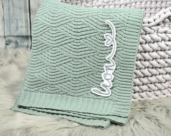 Baby blanket with name knitted blanket personalized knitted wave pattern