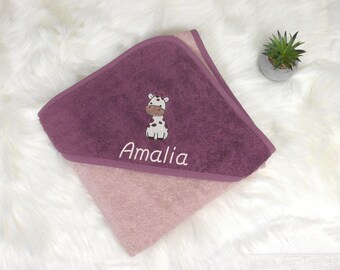 Hooded towel with giraffe design or custom motif, personalized with name, made of cotton terry cloth, hooded bath towel, gift for a newborn