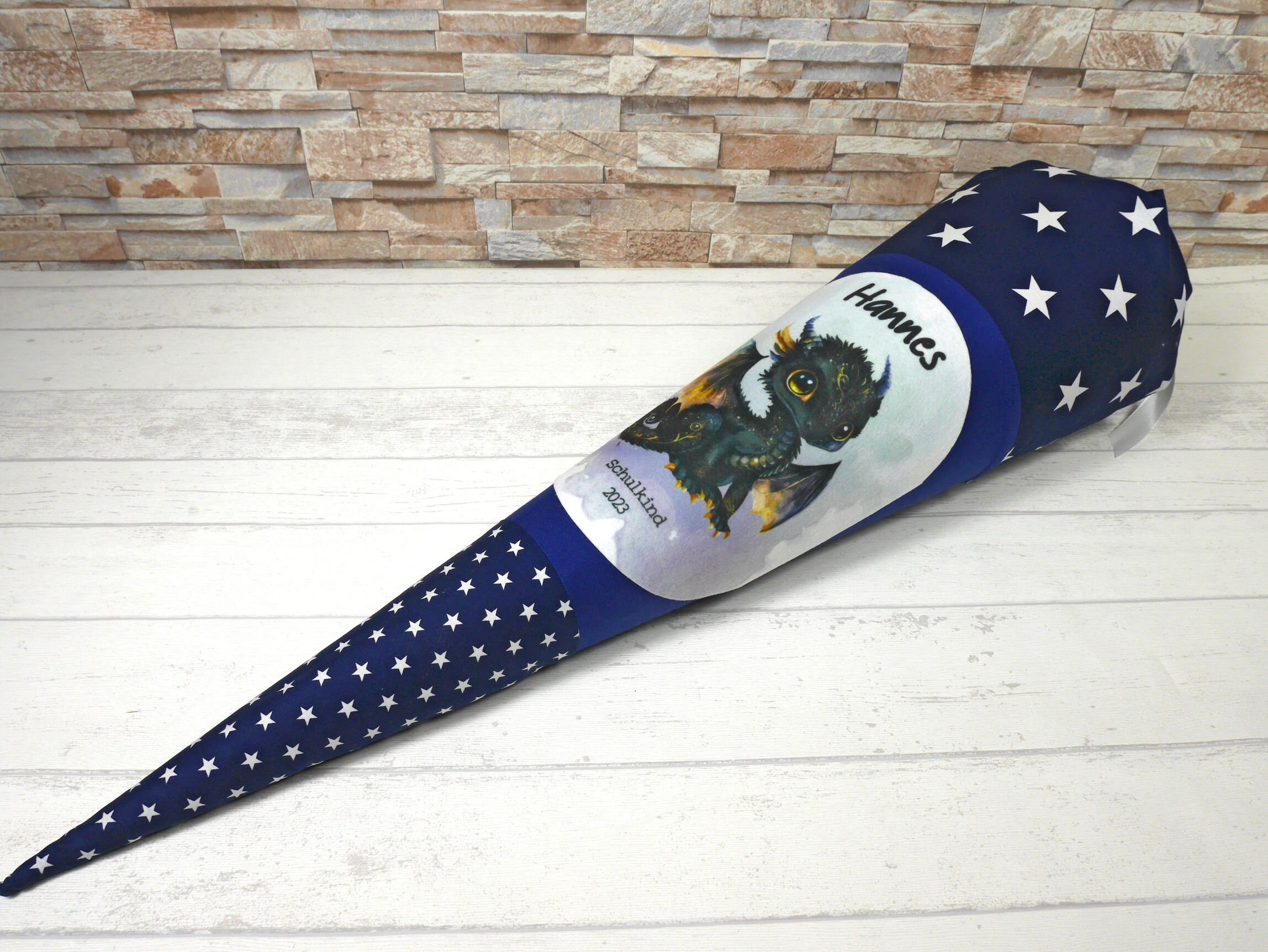 Schultüte aus Stoff blau mit Name Drache Zuckertüte 70cm oder 85cm