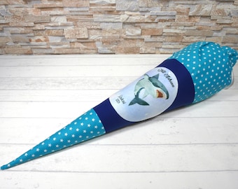 School cone made of blue turquoise fabric with the name Shark sugar cone 70 cm or 85 cm