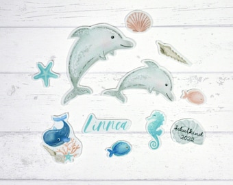 Aufnäher Set Delfin mit Name personalisiert für Schultüte
