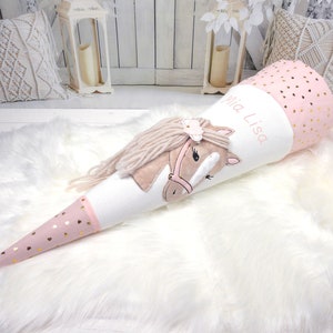 School cone made of fabric in ivory and pink with golden hearts and horse with name 70 cm or 85 cm