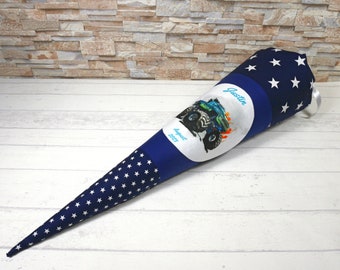 School cone made of blue fabric with the name Monstertruck sugar cone 70 cm or 85 cm navy blue