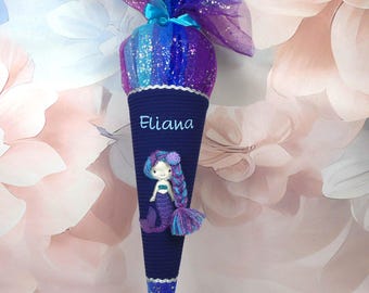 School cone mermaid in blue and purple made of fabric sugar cone 70 cm or 85 cm with glitter tulle