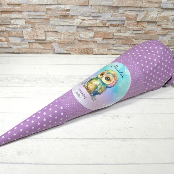 School cone made of lilac fabric with the name Owl sugar bag 70 cm or 85 cm purple