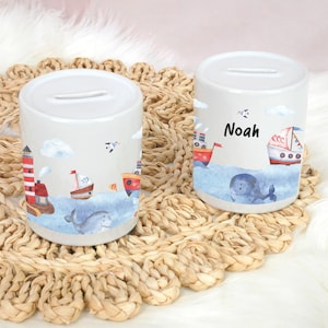 Personalisierte Spardose mit Name maritim Geschenk Geburt Taufe Taufgeschenk Baby Geschenk Geldgeschenk Sparbüchse Boot, Wal, Leuchtturm