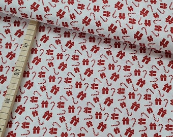 Cotton, woven fabric, Christmas fabric, Christmas, Joel, packages, gifts, candy cane red on white