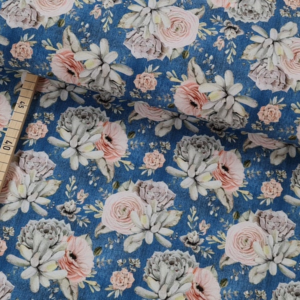 Sweat, French Terry angerauht, Blumen auf jeansblau