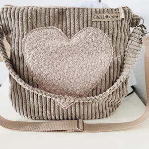 Tasche Shopper, Umhängetasche Cordtasche, beige, Teddystoff, Herz