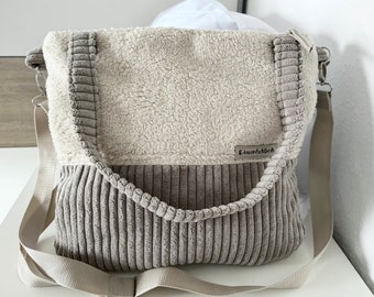 Tasche Shopper, Umhängetasche Cordtasche, mit Teddystoff, beige