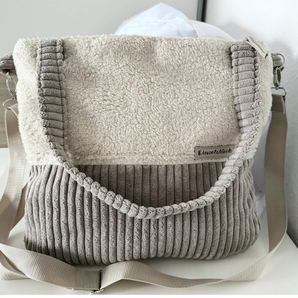 Tasche Shopper, Umhängetasche Cordtasche, mit Teddystoff, beige