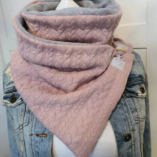 Scarf with button, wrap scarf, pink gray, knitted look, jersey jaquard/fleece