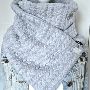 Scarf with button, wrap scarf, cable knit look, sweatshirt and fleece, gray