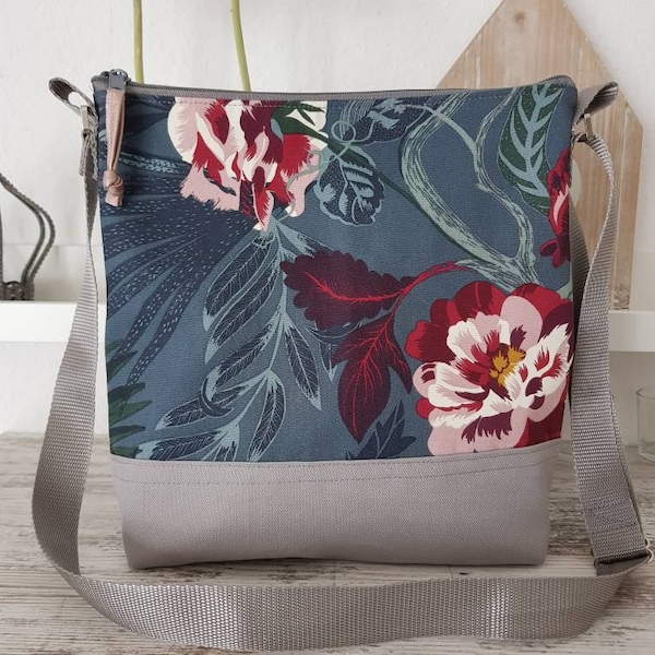 Tasche/ Umhängetasche Canvas Blumen grau petrol bunt